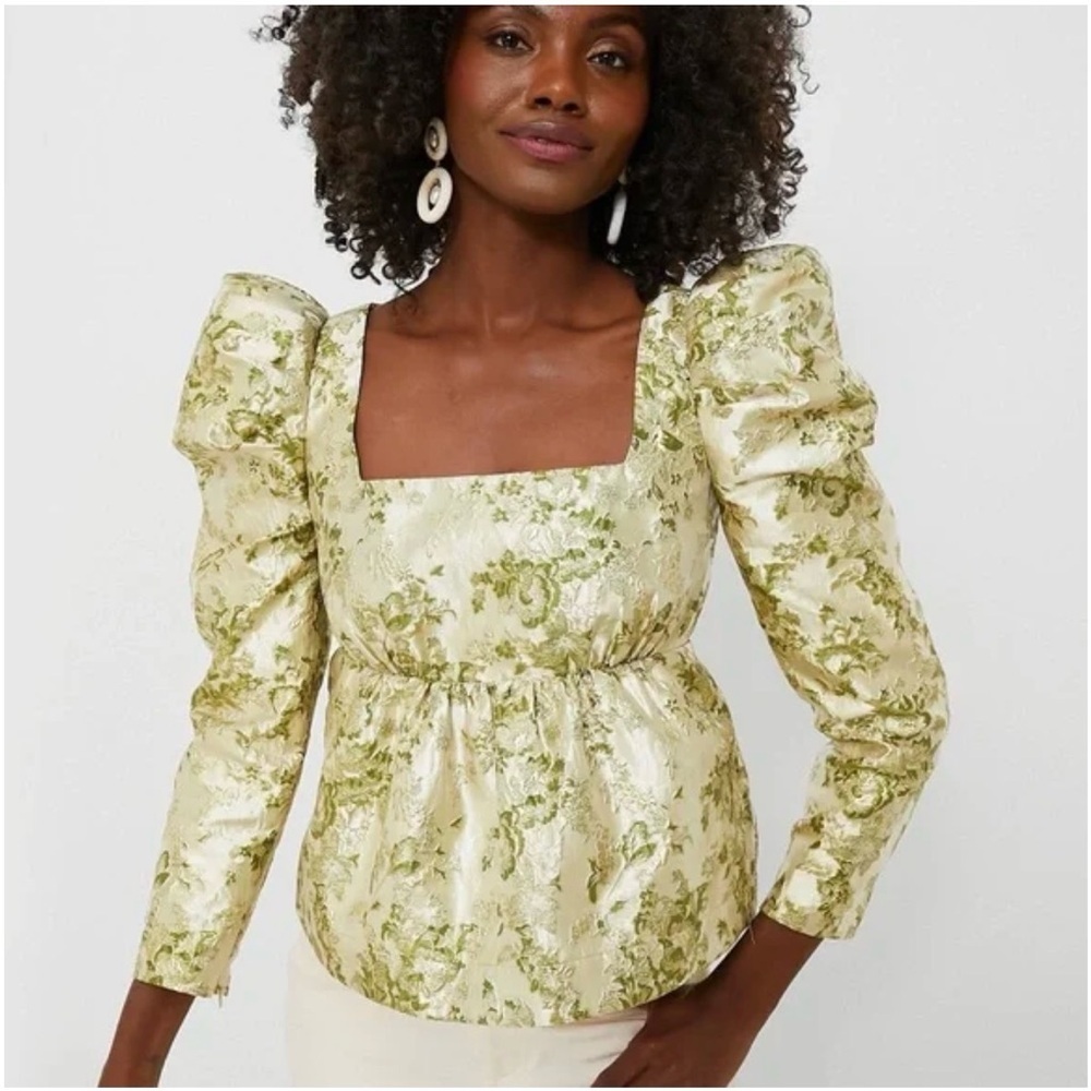 NWT Hyacinth House Tuckernuck Size XS Gold Green Jacquard Floral Metallic Blouse - Picture 1 of 14